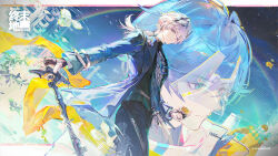  2boys ardashir_(arknights) arknights arknights:_endfield bishounen black_gloves black_horns black_pants black_shirt blindfold_mask blue_eyes blue_jacket cane chinese_commentary coin commentary_request copyright_logo copyright_notice cowboy_shot endministrator_(arknights) flower from_side gloves highres holding holding_cane holding_coin hood hood_down hooded_coat horns jacket logo long_hair looking_at_viewer low_ponytail male_endministrator_(arknights) male_focus mask multiple_boys official_art open_clothes open_jacket pants parted_lips partially_fingerless_gloves pointy_ears ponytail shirt short_hair snake_boy tail_around_own_leg turtleneck white_flower white_hair yunmaojan 