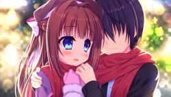  1boy 1girl black_coat black_hair blue_eyes blue_shirt bow braid brown_hair brown_hat capelet coat faceless faceless_male fur-trimmed_coat fur_trim game_asset gloves hair_bow hair_intakes half_up_braid hand_on_another's_hand hand_on_another's_shoulder hands_up hat hinata_nao hoshimi_yuki light_smile long_hair long_scarf looking_at_another non-web_source open_mouth outdoors pink_gloves purple_capelet red_scarf scarf shared_clothes shared_scarf shirt side-by-side standing white_bow yuuwaku_scramble 