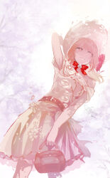 1girl absurdres aquact arm_up bag bare_shoulders belt blue_eyes bow bowtie breasts brown_hair cherry_blossoms dress flower from_below handbag hat highres holding holding_bag long_hair looking_at_viewer medium_breasts medium_hair off-shoulder_dress off_shoulder original outdoors red_ribbon ribbon signature solo spring_(season) sun_hat tree white_dress 