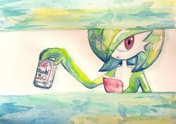  1girl :< asahi_breweries beer_can bob_cut can colored_skin drink drink_can english_text flat_chest gardevoir green_hair green_skin green_theme hair_over_one_eye hand_up holding holding_can holding_drink keishi_(pixiv_1245064) letterboxed looking_afar looking_to_the_side multicolored_skin one_eye_covered open_mouth painting_(medium) pokemon pokemon_(creature) red_eyes short_hair sideways_glance simple_background solo traditional_media two-tone_skin upper_body watercolor_(medium) white_background white_skin 