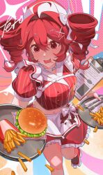  ! apron bow burger buttons clipboard commentary crumbs drill_hair employee_uniform english_commentary fang fast_food food fork french_fries frilled_apron frills hair_between_eyes hat highres holding holding_tray iamchamah kasane_teto knife lettuce menu midriff open_mouth red_bow roller_skates short_sleeves skates sparkle tray twin_drills utau waist_apron waitress white_bow 