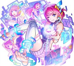  1girl bare_shoulders blue_eyes china_dress chinese_clothes commentary_request dress hair_bun hat headset holding holding_plate holding_umbrella hologram maid maid_headdress monster_strike multiple_views official_alternate_costume official_art one_eye_closed opeko_(monster_strike) pink_hair plate pointing smile swimsuit thigh-highs umbrella virgin_killer_sweater white_thighhighs 
