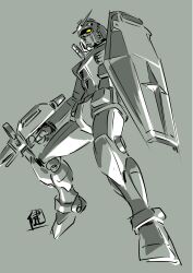  beam_rifle commentary_request earth_federation energy_gun grey_background greyscale gundam highres mecha mecha_focus mobile_suit mobile_suit_gundam monochrome no_humans ootsuka_ken partially_colored robot roundel rx-78-2_gundam science_fiction shield signature sketch v-fin weapon yellow_eyes zero_gravity 