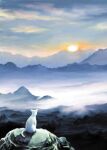  blue_sky cat clouds commentary_request fog forest morino_kiriko mountain mountainous_horizon nature no_humans original rock scenery sky sun sunrise tree white_cat 