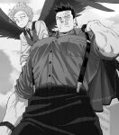  2boys black_pants boku_no_hero_academia bursting_pecs facial_hair feathered_wings flying from_below greyscale hawks_(boku_no_hero_academia) large_pectorals looking_at_viewer male_focus mature_male monochrome multiple_boys muscular muscular_male necktie pants pectorals popo_take scar scar_across_eye short_hair sideburns sleeves_rolled_up spiky_hair striped striped_pants stubble suspenders todoroki_enji veins vest wings 