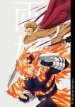  2boys armor blonde_hair blue_bodysuit bodysuit boku_no_hero_academia covered_abs facial_hair feathered_wings fighting_stance fingerless_gloves from_side gloves hawks_(boku_no_hero_academia) highres large_pectorals male_focus mature_male multiple_boys muscular muscular_male pauldrons popo_take red_wings redhead scar scar_across_eye short_hair shoulder_armor sideburns spiky_hair stubble todoroki_enji vambraces wings 
