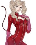  1girl arm_up bangs blonde_hair blue_eyes bodysuit boots breasts cat_mask cat_tail catsuit earrings gloves hand_on_own_chest high_heels highres jewelry lips long_hair long_sleeves looking_at_viewer looking_back medium_breasts persona persona_5 pertex_777 pink_gloves red_bodysuit red_legwear simple_background solo tail takamaki_anne thigh-highs thigh_boots twintails white_background zipper 
