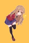  1girl aisaka_taiga bangs black_legwear blue_skirt blush brown_eyes brown_footwear brown_hair eyebrows_visible_through_hair full_body highres iroha_(pcrx7327) jacket long_hair long_sleeves looking_at_viewer oohashi_high_school_uniform open_mouth red_jacket school_uniform shoes simple_background skirt solo standing standing_on_one_leg thigh-highs toradora! yellow_background 