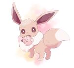  blush brown_eyes character_doll clefairy commentary_request eevee full_body gen_1_pokemon looking_at_viewer looking_back mouth_hold no_humans pokemon pokemon_(creature) rrrpct solo standing 