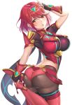  1girl absurdres breasts chest_jewel earrings fingerless_gloves gloves highres jewelry large_breasts legwear_under_shorts nemunemu_semi pantyhose pyra_(xenoblade) red_eyes red_legwear redhead shorts simple_background solo super_smash_bros. tiara xenoblade_chronicles_(series) xenoblade_chronicles_2 