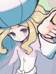  1girl arm_up blonde_hair caitlin_(pokemon) closed_mouth commentary_request donguri_big dress elite_four eyelashes grey_eyes hat highres long_hair long_sleeves looking_up pokemon pokemon_(game) pokemon_bw see-through solo white_dress 