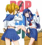  2girls anbj bangs blonde_hair blue_hair blunt_bangs box copyright_name finger_on_trigger glock grey_eyes gun hair_ornament hair_scrunchie handgun hime_cut long_hair middle_finger multiple_girls navel parted_lips pipimi pistol pleated_skirt poptepipic popuko school_uniform scrunchie serafuku short_twintails shotgun sidelocks skirt twintails weapon winchester_model_1897 yellow_eyes 