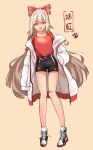  1girl :d absurdres bandaid bandaid_on_knee black_shorts blonde_hair bra_strap coat fujiwara_no_mokou full_body hand_in_pocket highres long_hair looking_at_viewer mnnnya open_clothes open_coat open_mouth red_eyes red_shirt round_teeth shirt shoes short_shorts shorts simple_background smile solo standing teeth touhou upper_teeth white_coat white_footwear yellow_background 