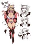  1girl 2021 bikini black_tail blonde_hair blue_eyes character_sheet colored_sclera cross cross_necklace dated demon_girl demon_horns demon_tail fur_trim hands_in_pockets highres horns jacket jewelry juugoya_(zyugoya) necklace one_eye_closed original pink_jacket pointy_ears purple_sclera sharp_teeth swimsuit tail teeth white_bikini 