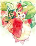  :d alternate_color fang food fruit gen_4_pokemon grey_eyes highres looking_at_viewer no_humans open_mouth pachirisu pokemon pokemon_(creature) rrrpct shiny_pokemon smile solo strawberry symbol_commentary traditional_media watercolor_(medium) 