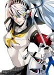  1girl arm_up axe blue_hair breasts glowing glowing_eyes hair_between_eyes highres joints labrys_(persona) lips long_hair looking_at_viewer mechanical_arms mechanical_parts parted_lips persona persona_4 persona_4:_the_ultimate_in_mayonaka_arena pertex_777 ponytail red_eyes robot robot_joints school_uniform shadow_(persona) shadow_labrys simple_background skirt solo very_long_hair white_background yellow_eyes 