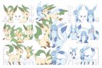  blue_eyes brown_eyes closed_eyes closed_mouth eye_contact gen_4_pokemon glaceon highres leafeon looking_at_another looking_at_viewer lying moco_font no_humans on_stomach one_eye_closed open_mouth paws pokemon pokemon_(creature) sitting smile tearing_up toes translation_request 