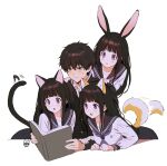  1boy 1girl :o animal_ears artist_logo bangs black_hair black_jacket black_sailor_collar blush book cat_ears cat_tail chitanda_eru clone closed_mouth collarbone collared_jacket dog_ears dog_tail excited eyebrows_visible_through_hair gakuran green_eyes hair_between_eyes hetero highres holding holding_another&#039;s_arm holding_book hyouka jacket kamiyama_high_school_uniform long_hair long_sleeves mery_(yangmalgage) open_book open_mouth oreki_houtarou rabbit_ears reading revision sailor_collar school_uniform serafuku shirt short_hair simple_background skirt sweat tail upper_body violet_eyes white_background white_shirt 