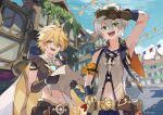  2boys aether_(genshin_impact) alvarichie arm_up armpits bandaid bandaid_on_nose bare_shoulders belt bennett_(genshin_impact) blonde_hair blue_sky building day earrings genshin_impact gloves goggles goggles_on_head green_eyes highres holding holding_map jewelry map midriff multiple_boys navel open_clothes open_mouth outdoors scarf shirt short_sleeves single_earring sky sleeveless sleeveless_shirt smile stairs standing town window yellow_eyes 
