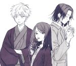  1girl 2boys bangs blazer can cigarette closed_eyes closed_mouth collared_shirt crossed_arms drinking_straw ear_piercing eyebrows_visible_through_hair getou_suguru gojou_satoru greyscale haori holding holding_can ieiri_shoko jacket japanese_clothes jujutsu_kaisen kimono looking_at_viewer looking_away medium_hair mole mole_under_eye monochrome monster_energy motsu725 mouth_hold multiple_boys open_mouth piercing profile shirt short_hair simple_background swept_bangs upper_body vest 