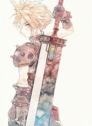  1boy armor bangs blonde_hair buster_sword closed_mouth cloud_strife earrings final_fantasy final_fantasy_vii from_behind gloves grey_eyes highres holding holding_sword holding_weapon jewelry looking_at_viewer looking_back male_focus rrrpct simple_background solo spiky_hair sword symbol_commentary traditional_media watercolor_(medium) weapon white_background 