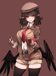  1girl bangs belt belt_buckle beret black_hair black_legwear black_wings blazer breasts bright_pupils brown_headwear brown_jacket brown_shorts buckle collared_shirt commentary cowboy_shot eyebrows_visible_through_hair feathered_wings hat highres holding holding_notebook holding_pen jacket large_breasts long_sleeves looking_at_viewer medium_hair necktie notebook open_clothes open_jacket pen pointy_ears raptor7 red_background red_eyes red_neckwear shameimaru_aya shirt shorts smile solo standing thigh-highs touhou wavy_hair white_pupils white_shirt wing_collar wings zettai_ryouiki 