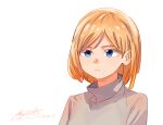  1girl absurdres blonde_hair blue_eyes bob_cut closed_mouth dated grey_sweater highres original ryusei_hashida signature simple_background solo sweater upper_body white_background 
