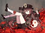  1girl ;d brown_hair flower full_body genshin_impact ghost hand_on_headwear hat hu_tao legs_up long_hair long_sleeves looking_at_viewer one_eye_closed open_mouth red_eyes red_flower shiliuyexiaohei shorts smile socks solo 