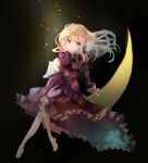  1girl absurdres bangs black_background blonde_hair bow crescent crescent_moon dress frilled_dress frilled_sleeves frills full_body hair_between_eyes highres long_hair long_sleeves maribel_hearn minus_(sr_mineka) moon open_mouth purple_dress simple_background solo touhou white_bow yellow_eyes 