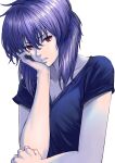  1girl artist_request bangs black_shirt expressionless ghost_in_the_shell hair_between_eyes hands head_rest highres kusanagi_motoko looking_at_viewer parted_lips purple_hair red_eyes shirt short_hair short_sleeves solo t-shirt upper_body white_background 