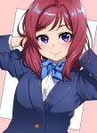  1girl absurdres blue_bow blue_jacket blue_neckwear blush bow bowtie closed_mouth dot_nose hands_in_hair hands_up highres igarashi_kyouhei jacket long_sleeves looking_at_viewer love_live! medium_hair nishikino_maki otonokizaka_school_uniform redhead school_uniform shirt smile solo striped striped_bow striped_neckwear violet_eyes white_shirt 