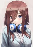  1girl bangs blue_eyes blush breasts brown_hair commentary_request dress_shirt fagi_(kakikaki) go-toubun_no_hanayome gradient gradient_background hair_between_eyes hair_over_one_eye headphones headphones_around_neck large_breasts long_hair looking_at_viewer nakano_miku parted_lips shirt smile solo upper_body white_shirt 