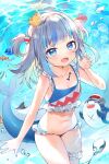  1girl ayamy bangs bloop_(gawr_gura) blue_eyes blue_hair blush fish_tail gawr_gura hair_ornament highres hololive hololive_english looking_at_viewer multicolored_hair navel open_mouth shark_tail sharp_teeth smile solo streaked_hair swimsuit tail teeth virtual_youtuber 