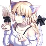1girl ahoge animal_ears bare_shoulders blonde_hair breasts cat_ears cat_girl cat_tail collarbone eyebrows_visible_through_hair eyes_visible_through_hair fang fate/grand_order fate_(series) hair_between_eyes jeanne_d&#039;arc_(fate) jeanne_d&#039;arc_(fate)_(all) long_hair looking_at_viewer neko_daruma nekodaruma_new paw_pose simple_background solo tail upper_body white_background