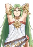  1boy armpits arms_behind_head automatic_giraffe character_request cosplay glasses green_hair jewelry kid_icarus kid_icarus_uprising long_hair looking_at_viewer palutena palutena_(cosplay) smile solo upper_body whiet_dress 