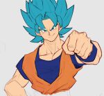  1boy aeyga blue_eyes blue_hair clenched_hand collarbone dragon_ball dragon_ball_super grey_background head_tilt highres looking_at_viewer male_focus muscular muscular_male pectorals smirk solo son_goku spiky_hair super_saiyan super_saiyan_blue v-shaped_eyebrows 