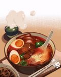  bowl chopstick_rest chopsticks cup drink egg english_commentary food food_focus garnish green_tea halfboiled_egg highres lotus_root meat mlygose no_humans noodles original realistic simple_background soup sparkle spoon spring_onion steam still_life tea vegetable 