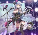 2girls alternate_costume assault_rifle asymmetrical_legwear breasts chibi commentary_request concert dinergate_(girls_frontline) floral_print g11_(girls_frontline) girls_frontline glowstick green_eyes guitar gun h&amp;k_hk416 highres hk416_(girls_frontline) hyoin instrument large_breasts long_hair microphone microphone_stand multiple_girls music navel playing_instrument rifle rose_print scope short_shorts shorts silver_hair sweat weapon 
