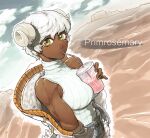  1girl biceps breasts character_name cup curled_horns dark_skin dark-skinned_female disposable_cup drinking drinking_straw fingernails goat_horns green_eyes highres horns jacket landscape looking_at_viewer medium_breasts muscular muscular_female off_shoulder original pinky_out primrose_mary ribbed_sweater short_hair skinnytorch sleeveless sleeveless_turtleneck solo sweater turtleneck turtleneck_sweater white_hair white_jacket white_sweater 