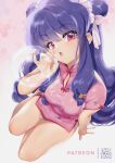 1girl :o arm_support bluethebone breasts bubble bubble_blowing china_dress chinese_clothes double_bun dress from_above long_hair looking_at_viewer pink_dress pinup_(style) purple_hair ranma_1/2 red_eyes shampoo_(ranma_1/2) short_dress sitting solo 