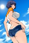  1girl ass back bakemonogatari bangs blue_sky blush breasts clouds commentary_request cutoffs denim denim_shorts from_below grey_eyes hair_ornament hairclip hanekawa_tsubasa highres itachou large_breasts monogatari_(series) ocean purple_hair shirt_lift short_hair short_shorts short_sleeves shorts sideboob sky smile standing strap_gap sun thighs water 