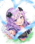  1girl :d adult_neptune aisu_(icicleshot) arm_up black_choker black_jacket blush breasts choker d-pad d-pad_hair_ornament from_above full_body hair_between_eyes hair_ornament happy heart highres holding hood hooded_jacket jacket long_hair looking_at_viewer looking_up medium_breasts neptune_(series) open_mouth painting shin_jigen_game_neptune_vii smile solo upper_teeth usb very_long_hair zipper_pull_tab 