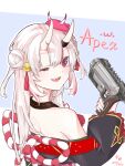  1girl absurdres apex_legends b3_wingman back blush from_behind gun hair_bun highres holding holding_gun holding_weapon hololive horns huge_filesize japanese_clothes looking_back multicolored_hair muye_coconut nakiri_ayame off_shoulder one_eye_closed oni oni_horns open_mouth red_eyes redhead revolver side_bun solo streaked_hair virtual_youtuber weapon white_hair 