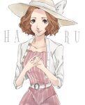  1girl belt bow breasts brown_eyes brown_hair character_name collarbone curly_hair dress hands_together hat highres jacket looking_at_viewer medium_breasts medium_hair okumura_haru persona persona_5 pertex_777 pink_dress shirt short_hair simple_background solo striped striped_dress sun_hat white_background white_bow white_headwear white_jacket 