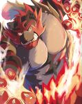  abasirisippo claws commentary_request fire furry gen_7_pokemon green_eyes highres incineroar looking_to_the_side no_humans pokemon pokemon_(creature) sharp_teeth solo teeth 