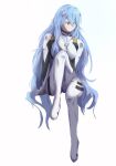  1girl alac_(408005134) alternate_hair_length alternate_hairstyle ayanami_rei bangs blue_hair bodysuit breasts commentary_request evangelion:_3.0+1.0_thrice_upon_a_time eyebrows_visible_through_hair highres interface_headset long_hair medium_breasts neon_genesis_evangelion plugsuit rebuild_of_evangelion red_eyes shiny shiny_hair sidelocks sitting solo spoilers very_long_hair wavy_hair 