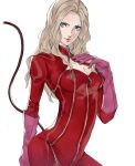 1girl arm_up bangs blonde_hair blue_eyes bodysuit boots breasts cat_mask cat_tail catsuit earrings gloves hand_on_own_chest high_heels highres jewelry lips long_hair long_sleeves looking_at_viewer looking_back medium_breasts persona persona_5 pertex_777 pink_gloves red_bodysuit red_legwear simple_background solo tail takamaki_anne thigh-highs thigh_boots wavy_hair white_background zipper 