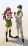  1boy 1girl arm_at_side bangs bare_shoulders black_bow black_choker boots bow breasts brown_footwear brown_hair choker commentary_request dangan_ronpa_(series) dangan_ronpa_10th_anniversary_costume dangan_ronpa_2:_goodbye_despair detached_sleeves dress_shirt earrings flower full_body green_eyes green_shirt green_skirt hand_in_pocket highres hinata_hajime holding holding_flower jacket jewelry knee_boots long_hair long_sleeves null_(skev7724) official_alternate_costume open_clothes open_jacket pants puffy_short_sleeves puffy_sleeves purple_hair shirt short_hair short_sleeves skirt small_breasts smile tsumiki_mikan vest white_jacket white_pants white_vest 