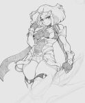  1girl aeyga bangs breasts covered_navel english_commentary eyebrows_visible_through_hair fingerless_gloves gloves graphite_(medium) greyscale hair_behind_ear hairband highres holding holding_sword holding_weapon leaning_back medium_breasts monochrome open_hand pyra_(xenoblade) short_hair sketch skindentation smile solo sword thick_thighs thigh-highs thighs traditional_media weapon xenoblade_chronicles_(series) xenoblade_chronicles_2 