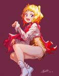  1girl :d bare_legs blonde_hair blue_eyes blush cape dated highres long_sleeves looking_at_viewer miniskirt multicolored multicolored_eyes one_side_up open_mouth original panties paw_pose red_background red_cape ryusei_hashida shirt signature simple_background skirt smile socks solo underwear violet_eyes white_legwear white_panties white_shirt yellow_skirt 